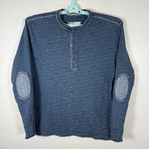 32 Bar Blues Shirt Henley Mens Medium Blue Elbow Patches Long Sleeve Casual